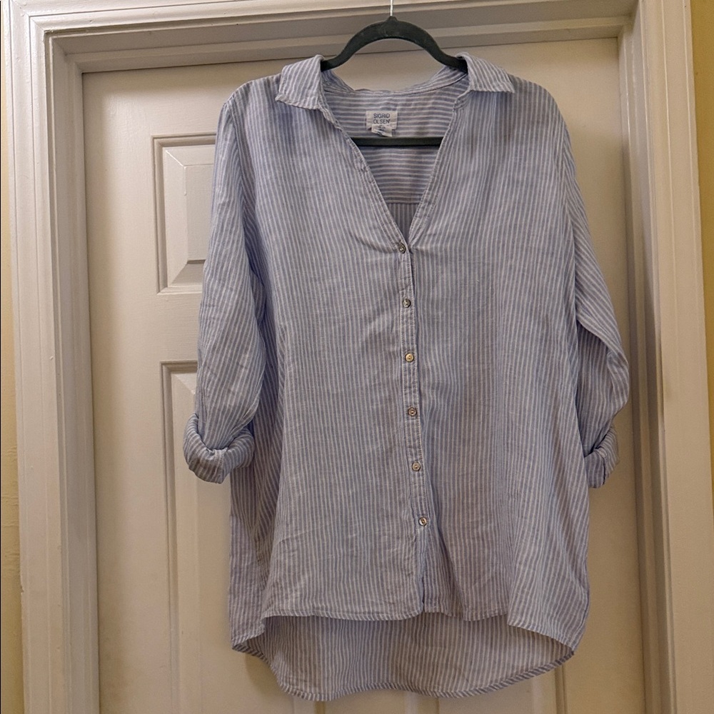 Sigrid Olsen Blue and White Stripe Button-Down Shirt